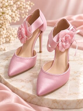 Elegant Pink Satin Pointed Heels with Floral Ankle Tie